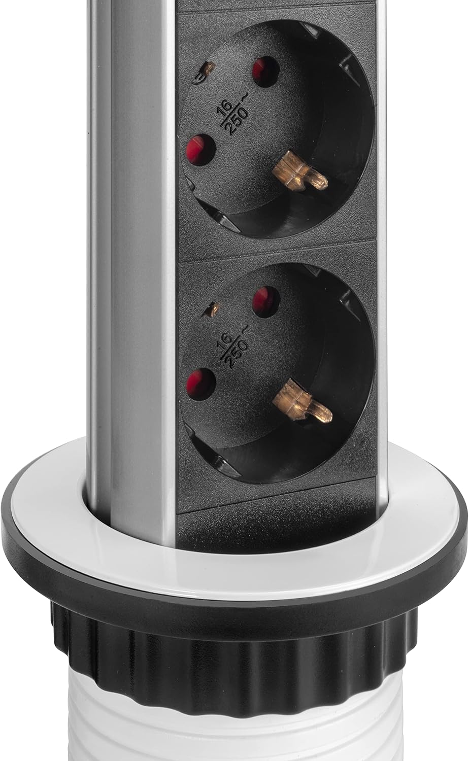 Emuca - Recessed power strips, retractable multi-plug strip, 3 EU sockets and 2 USB ports, Recessed vertical socket tower for countertop, painted white, plastic and aluminium - Imagen 3