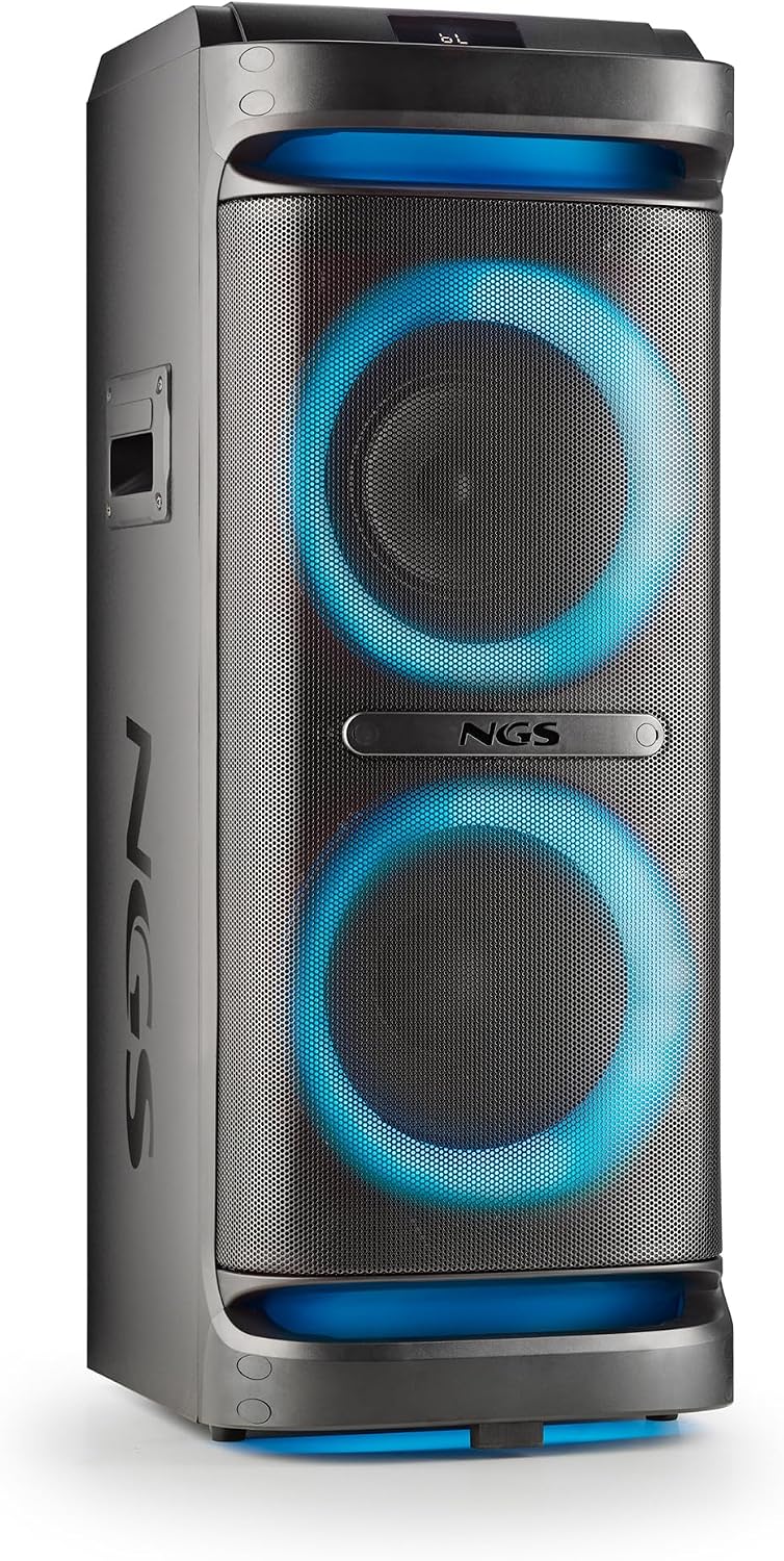 NGS Wild Space 2 – Portable Speaker, Compatible with Bluetooth Technology, True Wireless Stereo, Subwoofer + Dual Tweeter, Micro SD/USB/AUX IN, Wheels, Black | 2000W (RMS:400W) Subwoofer and dual tweeter. Wheels; Micro SD, USB and AUX IN inputs True Wireless. RGB Lights