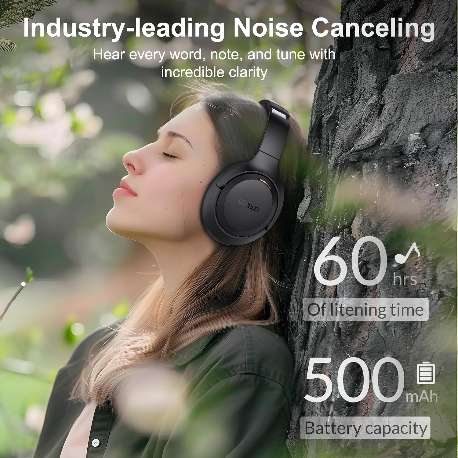 LORELEI QC60 Auriculares híbridos de cancenlling para ruido activo,Auriculares Bluetooth inalámbricos sobre la oreja con micrófono, 60H de tiempo de reproducción Plegable Ligero, Deep Bass- Negro - Imagen 7