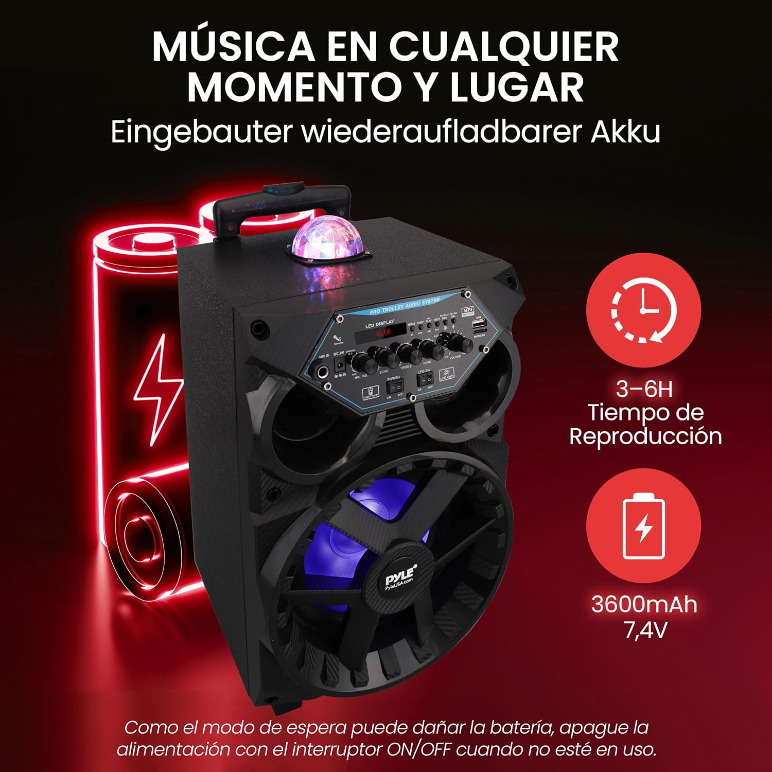Pyle Bluetooth Speaker, Powerful, 580 W, Wireless, Lights, Karaoke, Portable, Microphone, USB, AUX, MP3, SD, FM, Trolley with Wheels - Imagen 5