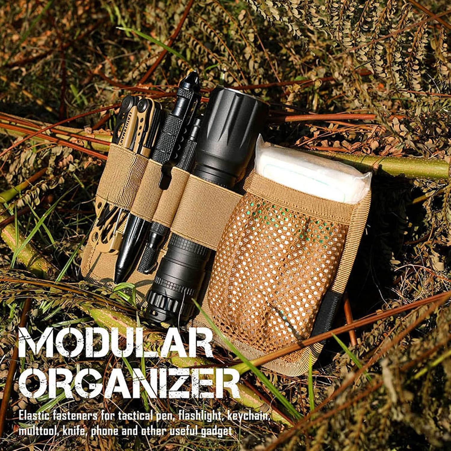 Bolsa de Almacenamiento Elástica Modular EDC con Respaldo de Gancho y Bucle, Inserto Multiusos para Mochila y Organización de Equipo, Panel de Utilidad Ligero y Resistente(Brown) - Imagen 5