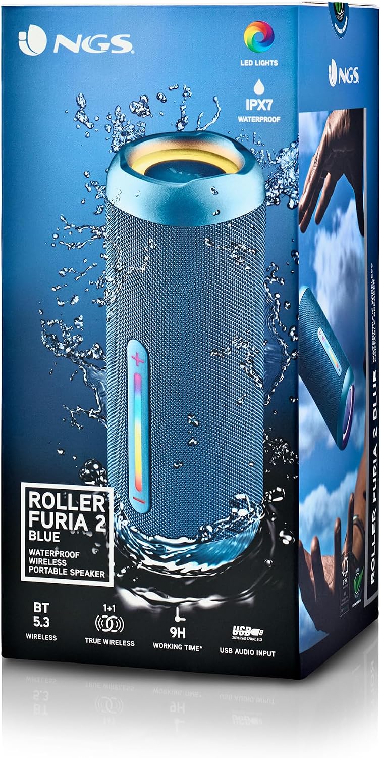 NGS ROLLERFURIA2 BT RGB IP67 Blue 30W Speaker | IP67 waterproof and dustproof with RGB lights, ideal for outdoor, beach and shower. Powerful 30W Portable Sound - Imagen 7