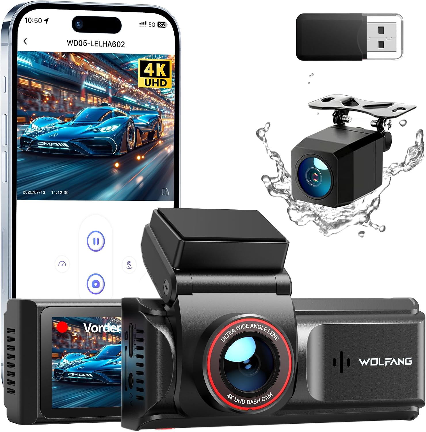 WOLFANG 4K WiFi Dash Camera for Front and Rear Cars, Car Camera 2160P Dashcam with App, 3 Inches IPS, Night Vision, Loop Recording, G-Sensor, WDR, Supports 24H Parking Mode