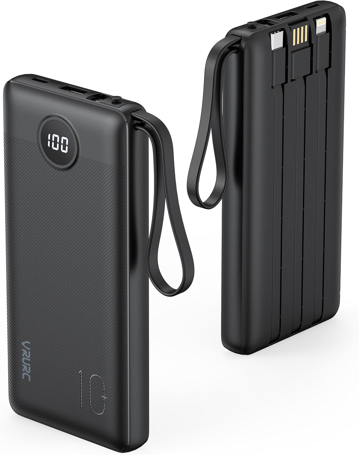 VRURC Power Bank, Slim 10000mAh External Battery with 4 Integrated Cables