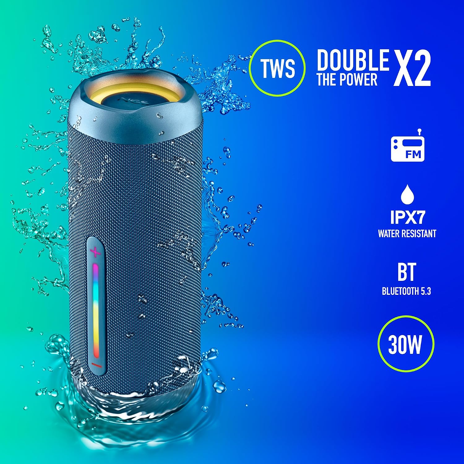 NGS ROLLERFURIA2 BT RGB IP67 Blue 30W Speaker | IP67 waterproof and dustproof with RGB lights, ideal for outdoor, beach and shower. Powerful 30W Portable Sound - Imagen 2
