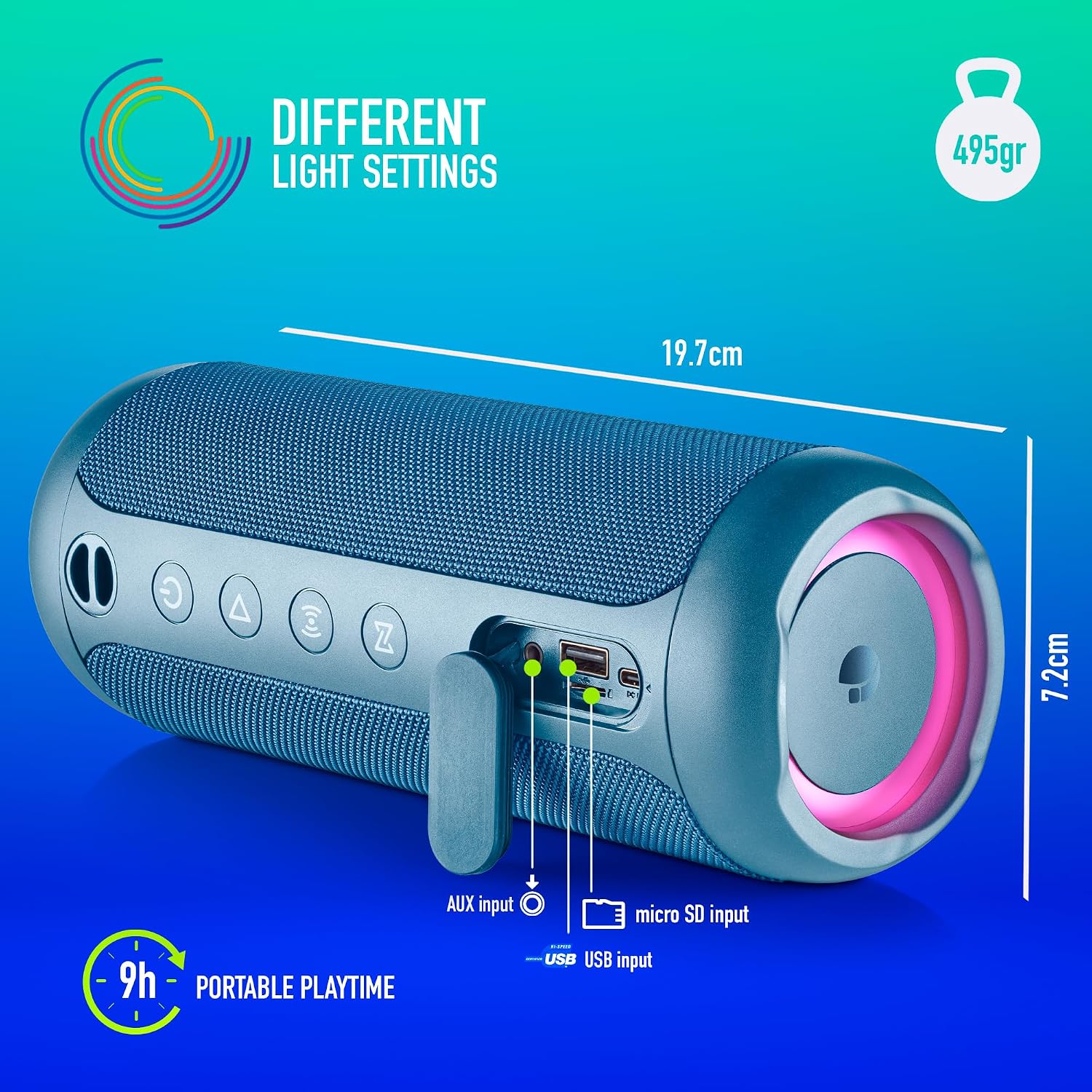 NGS ROLLERFURIA2 BT RGB IP67 Blue 30W Speaker | IP67 waterproof and dustproof with RGB lights, ideal for outdoor, beach and shower. Powerful 30W Portable Sound - Imagen 4