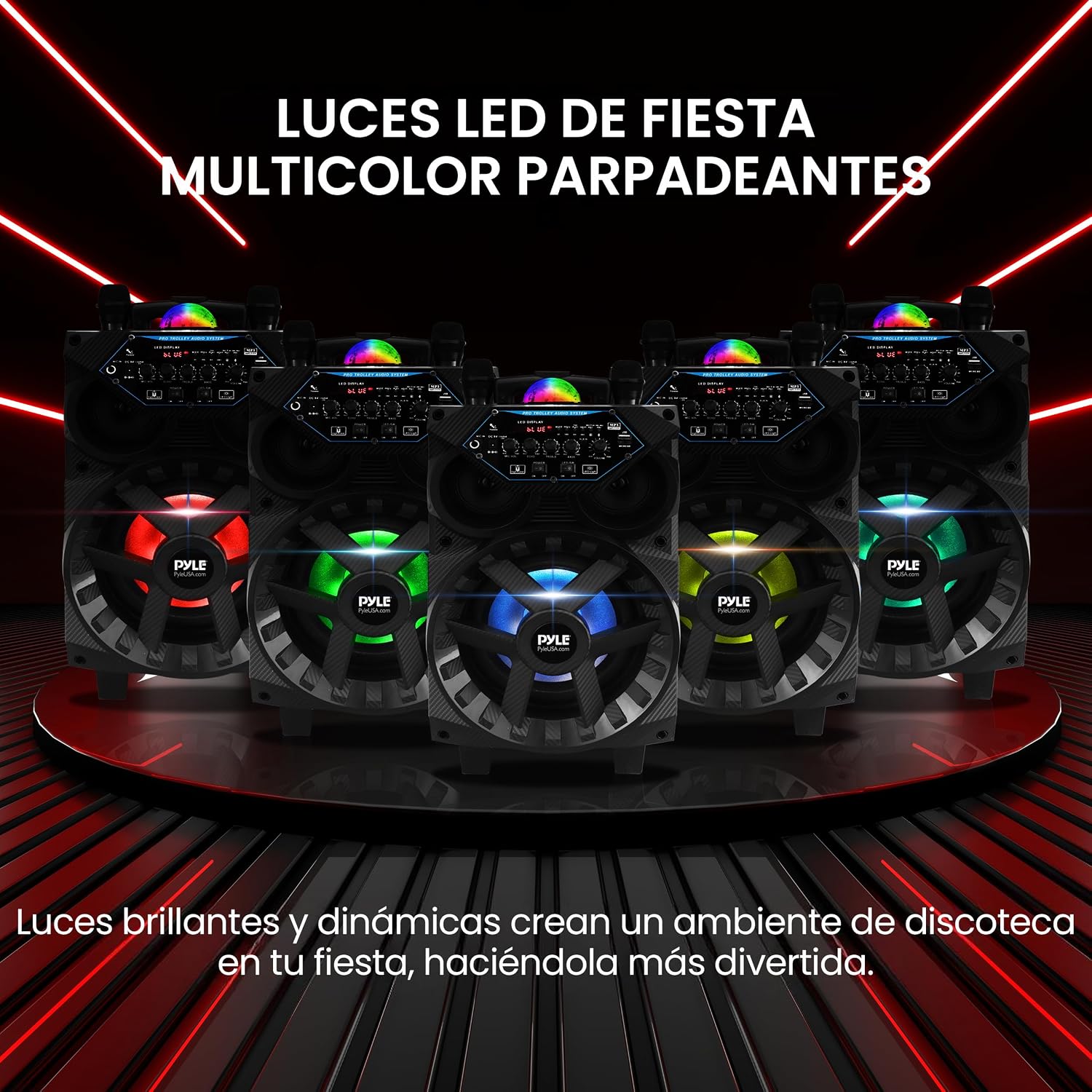 Pyle Bluetooth Speaker, Powerful, 580 W, Wireless, Lights, Karaoke, Portable, Microphone, USB, AUX, MP3, SD, FM, Trolley with Wheels - Imagen 4