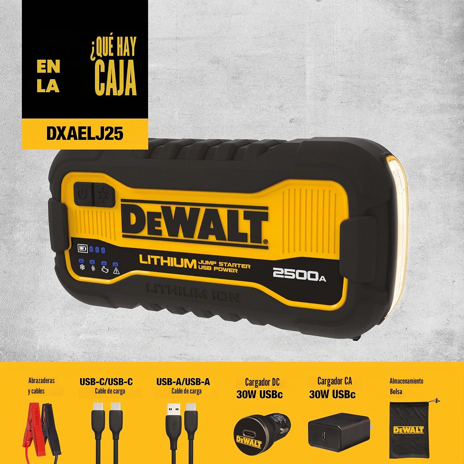 DEWALT DXAELJ25 2500 Peak Amp Portable Lithium Jump Starter with 25W Type C, 15W Type A, 60W Type C Input/Output - Imagen 3