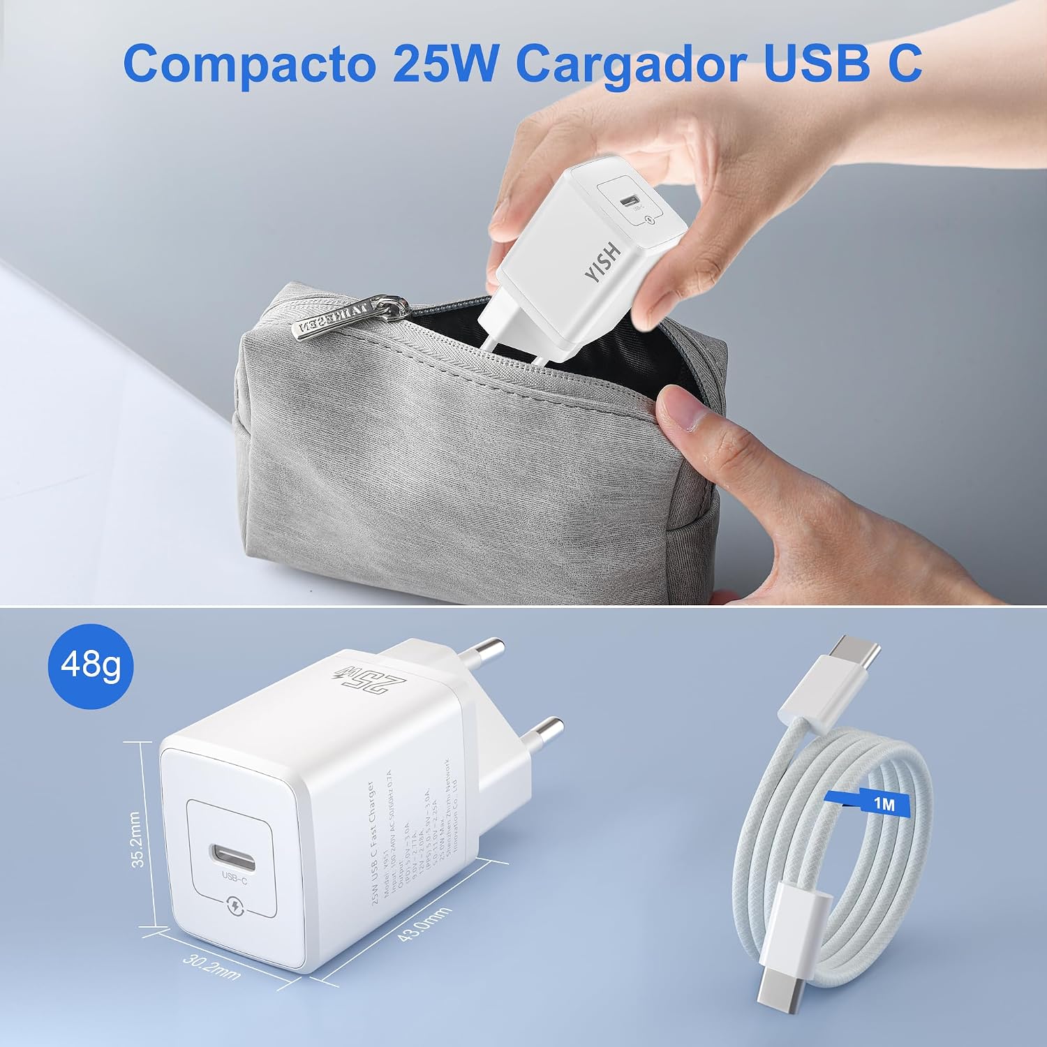 YISH 25W USB C Charger Fast Charging: Type C Plug Adapter Charger Head Mobile Fast Charging USBC Compatible with Smart Phone with 1M 60W Type C to C Cable - Imagen 6