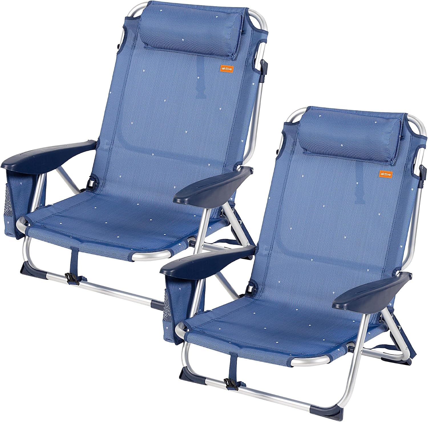 AKTIVE Pack of 2 Low Folding Beach Chairs, Reclining in 4 Positions, Anti-rollover with Cushion and Side Pocket, Lightweight Aluminium Structure, for the Beach or Garden, 51 x 45 x 76 cm (62290)