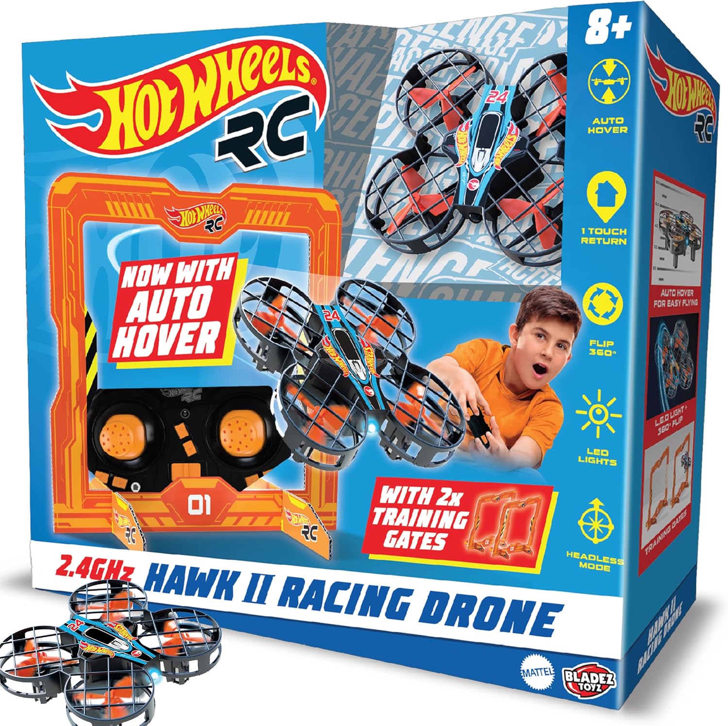 BLADEZ Hot Wheels Hawk 24 Racing Quad Age 8+, Remote Control Drone, Flying Toy, Performs Stunts and Races, RC 2.4GHz with Lights, Shock Resistant, Licensed Toyz Toy
