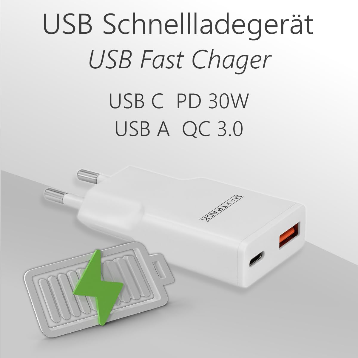 MAXTRACK MQ2L Fast Charger - 2 Ports USB-C and USB-A, 30W, GAN Technology, PD 30W & QC 3.0, Ultra Flat 1.5cm - Imagen 2