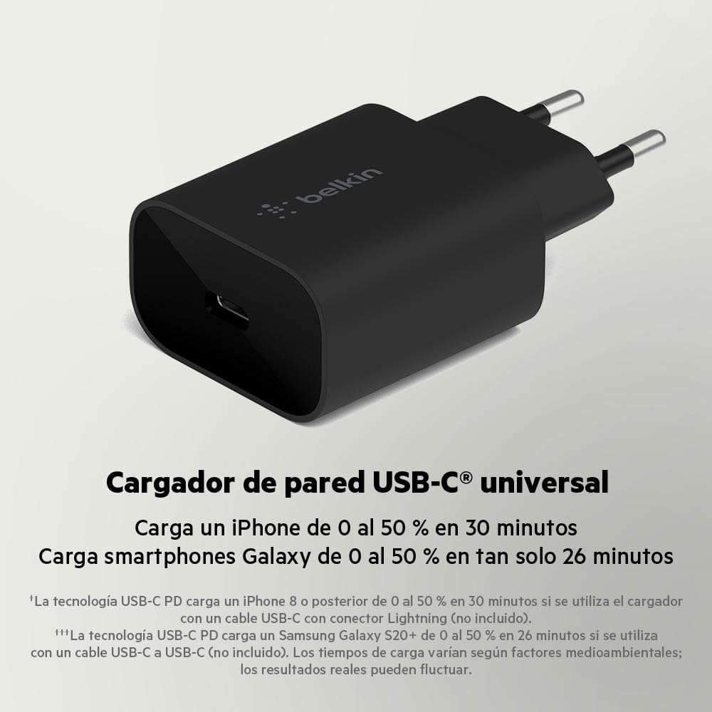 Belkin BoostCharge 25W Wall Charger with PPS, USB-C Power Delivery, Fast Charging for iPhone 17, iPhone Air, iPhone 16, Samsung, Galaxy Tab, iPad and More - Black - Imagen 2