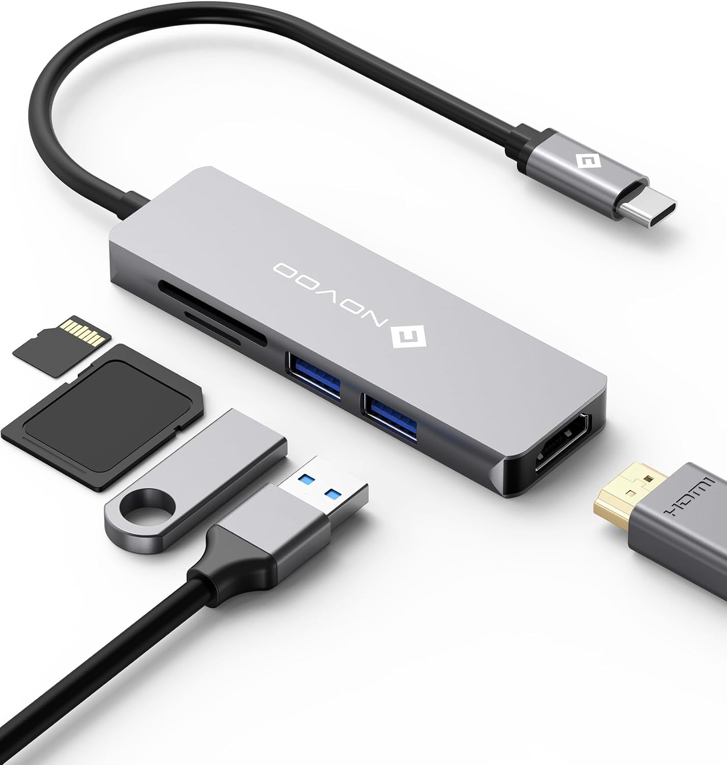 NOVOO 5 in 1 USB C Hub, HDMI 4K, 2 USB Ports, SD/TF