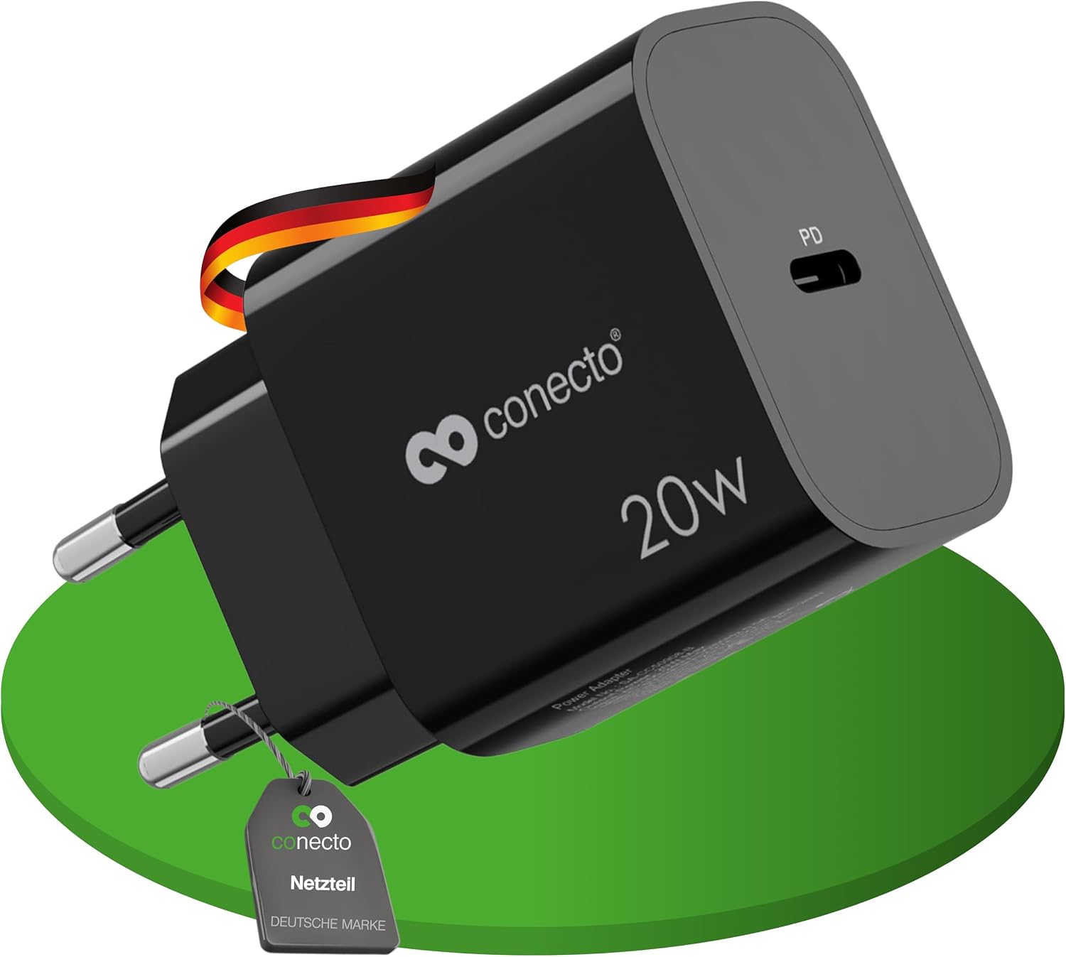 conecto USB-C Charger, USB Power Supply, 1 Port, 1x USB-C 20 Watt MAX. PD, Fast Charger, Mobile Charger, Black