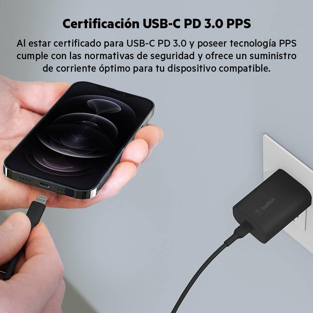 Belkin BoostCharge 25W Wall Charger with PPS, USB-C Power Delivery, Fast Charging for iPhone 17, iPhone Air, iPhone 16, Samsung, Galaxy Tab, iPad and More - Black - Imagen 3