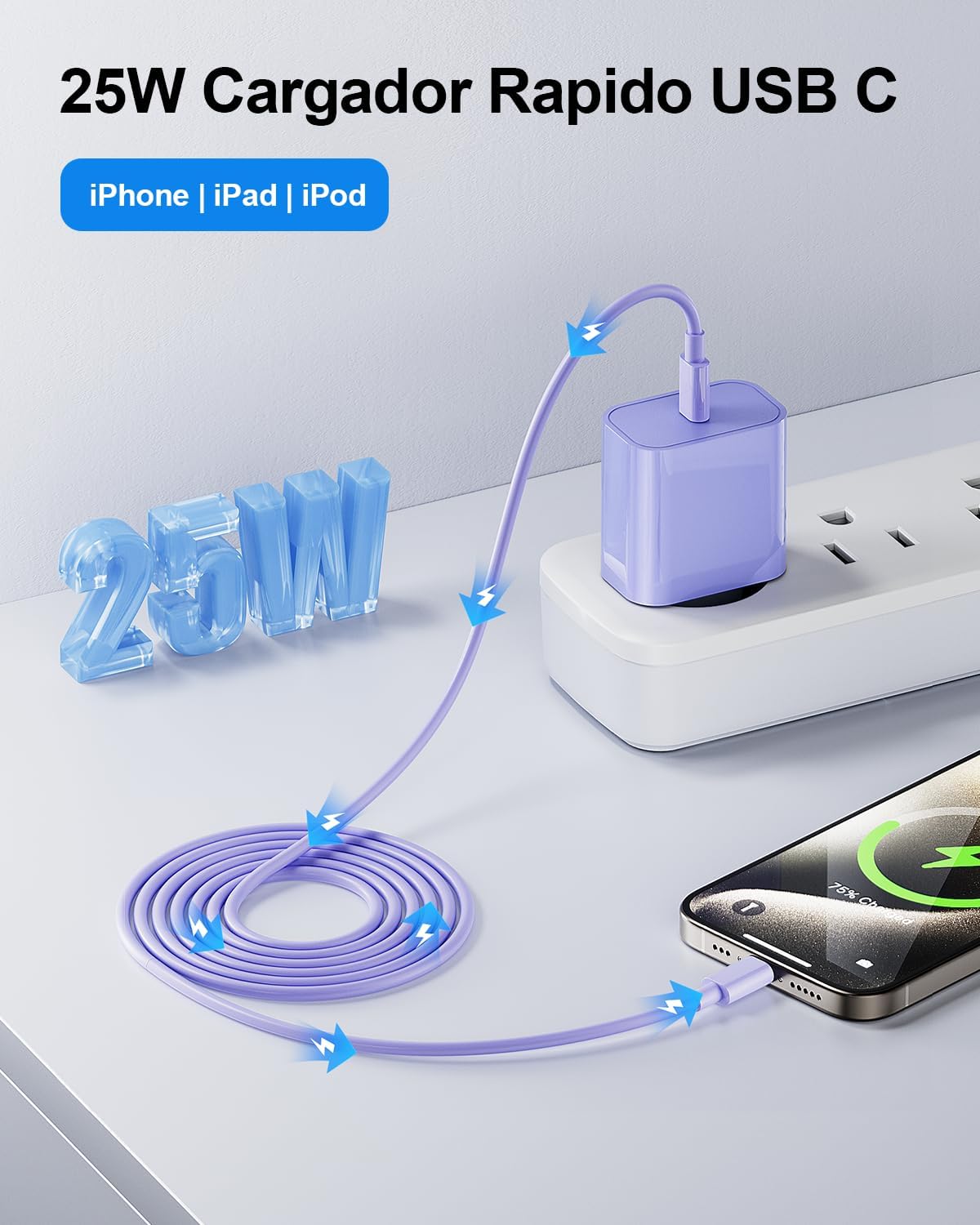 25W Fast Charging Charger for iPhone 14/14 Pro/14 Pro Max/14 Plus 13 12 11 SE XR X XS 8 7, USB C Carregador Quick Plug Adapter Charger Power with 2M Cable, Pink - Imagen 4