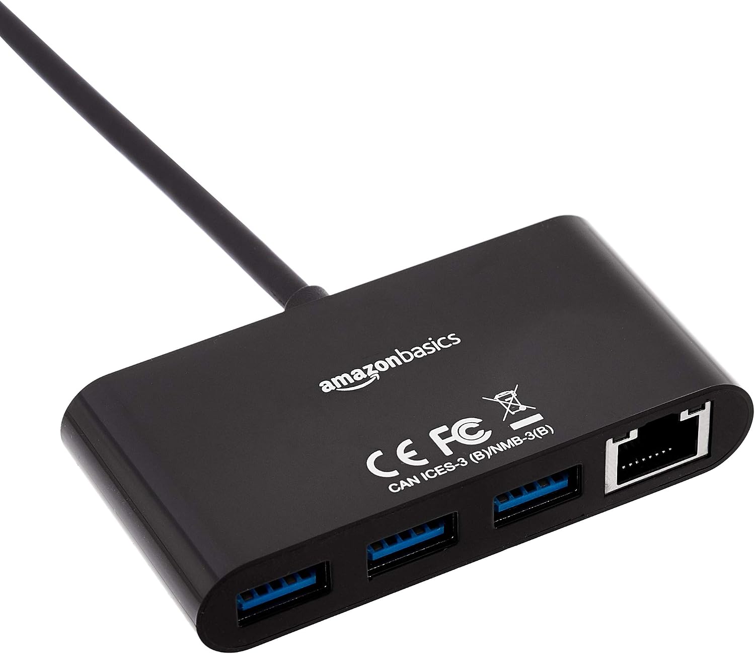 Amazon Basics 3 Port USB 3.0 Adapter with 1 Gigabit Ethernet RJ45 Port, 3 USB A + 1 RJ45, Black - Imagen 2