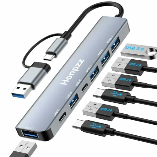 Honpzz Concentrador USB-C 7 en 2, 1 USB-A 3.0, 4 USB-A 2.0, 2 USB-C