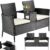 BAKAJI Polyrattan Garden Bench with Integrated Table and Cushions, 2 Seater Outdoor Bench, UV and Weather Resistant, Sofa Bench with Glass Shelf, 123 x 54 x 82.5 cm