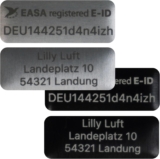 Roboterwerk Juego de 2 placas de matrícula para drones de 20 x 8 mm para DJI Neo y otros modelos | Negro o Plata | E-ID + dirección individual grabada | Placas de aluminio para etiquetado policial